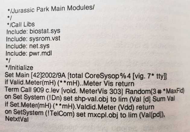 Uno stralcio di codice sorgente mostrato in "Jurassic Park"