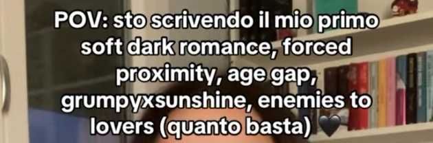 Uno screenshot di un post Instagram che recita: "POV: sto scrivendo il mio primo soft dark romance, forced proximity, age gap, grumpyxsunshine, enemies to lovers"